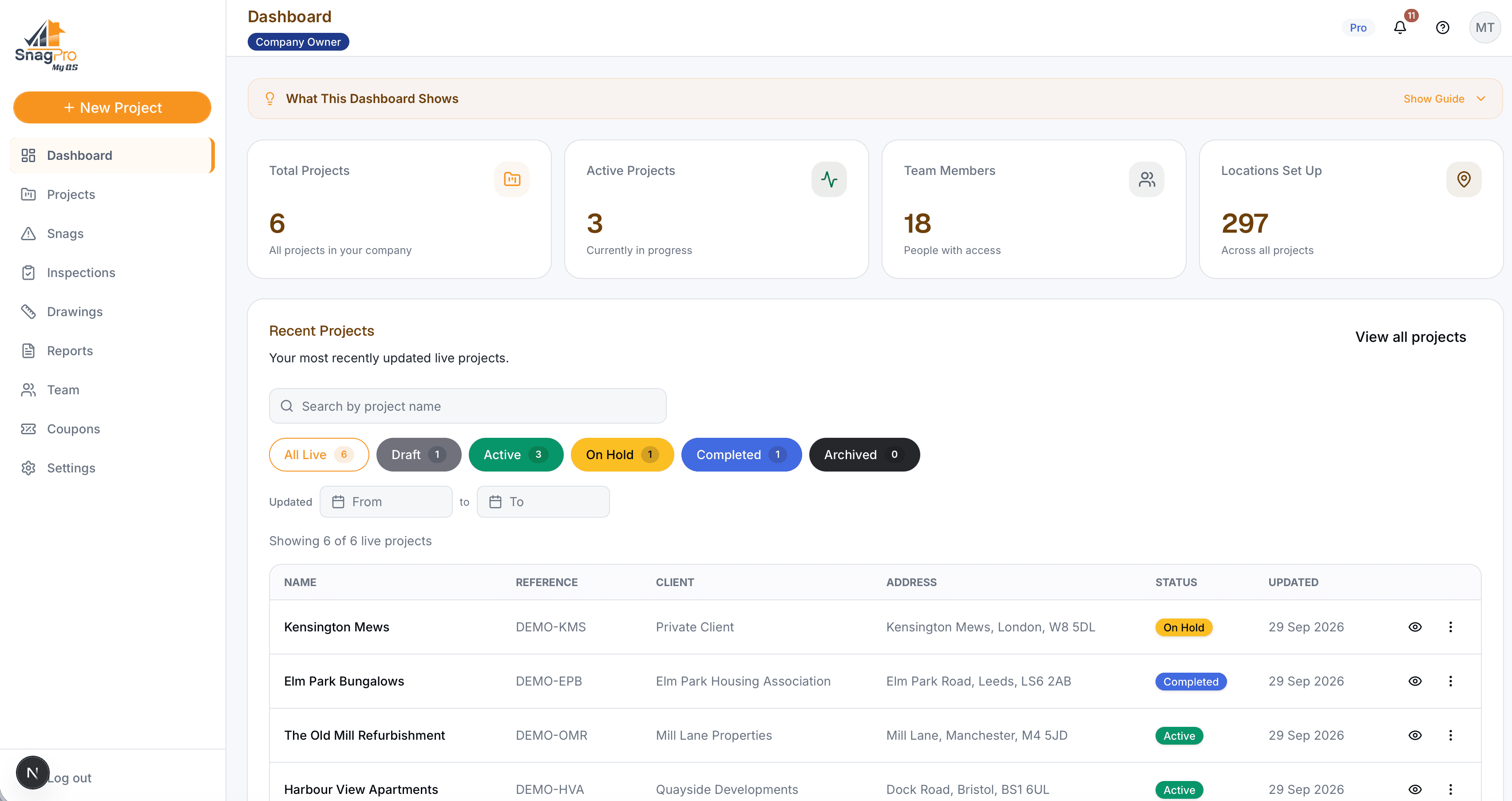 Snag Pro: Dashboard
